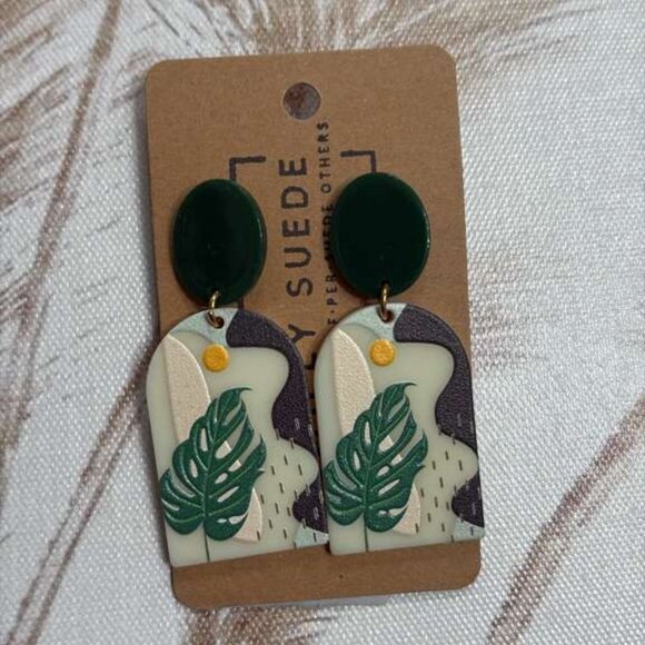 Monstera Leaf Polymer Clay Dangle Earrings Green Tropical Boho - Picture 3 of 3